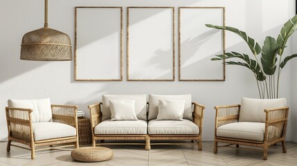 Picture frame mockup. Wood natural style home interior