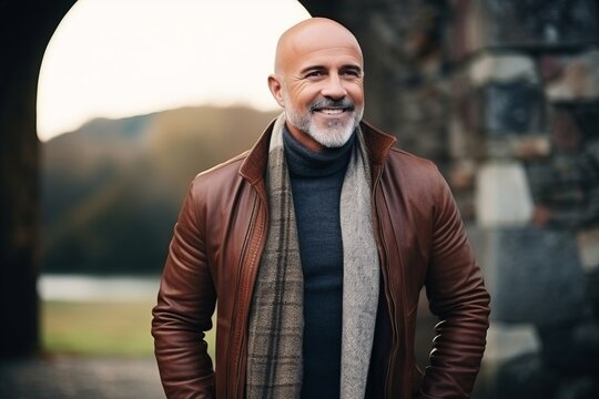 Portrait of a happy senior man in a leather jacket and scarf