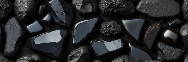 The dark texture of the stone, raw black obsidian, hardened volcanic lava glass, natural patterns and shapes on the stone section..AI generative