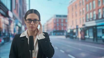 Female presenter reporting on air outside. Woman news host journalist talking with studio, wearing...