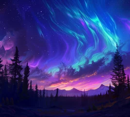 Keuken spatwand met foto A surreal aurora dancing across the night sky above a sprawling boreal forest, painting the heavens with vibrant ribbons of color © Dawood