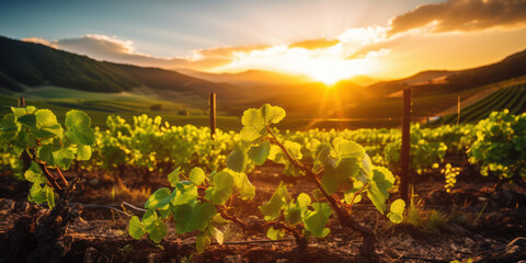 Growth and Beauty of a Green Vineyard: A Scenic Landscape of Rural Agriculture at Sunset