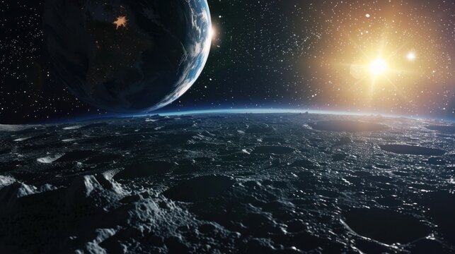 Panoramic outer space landscape with earth, moon, stars and planets background. AI generated image