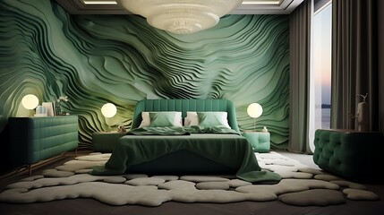 a green bedroom where the furniture seems to ripple like ocean waves, blending seamlessly with lava-inspired elements to create a harmonious and mesmerizing atmosphere , Attractive look