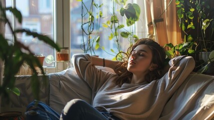 Beautiful woman relaxing sitting on couch at living room home. AI generated image - obrazy, fototapety, plakaty