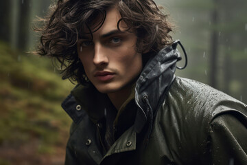 Obraz premium Attractive Caucasian Male Model with Curly Hair Posing in Stylish Black Leather Jacket against White Background