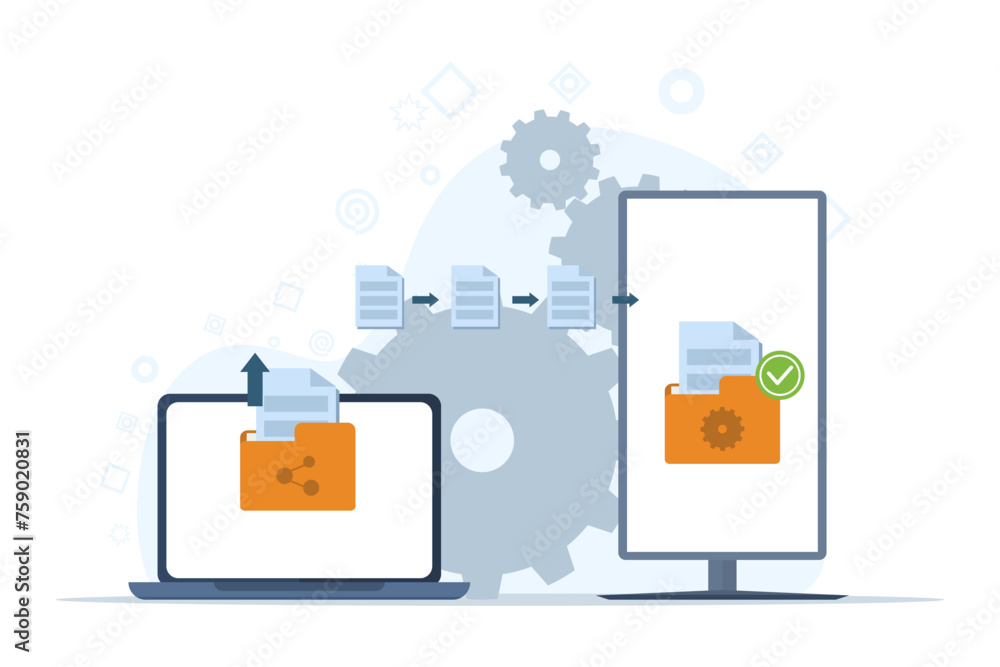 Poster file transfer concept, cloud technology, upload and download, data backup, document storage, busines