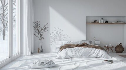 Empty modern interior white bedroom with bed, blanket and carpet isolated white. AI generated image