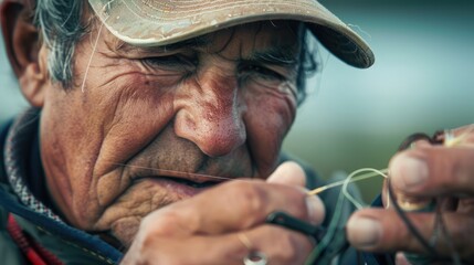 A fisherman ties a fly on a Danish stage.
