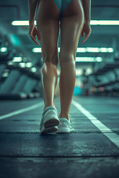 A woman in electric blue sportswear is walking on the gym flooring. Her thighs, knees, and calves are on display as she moves with grace and confidence