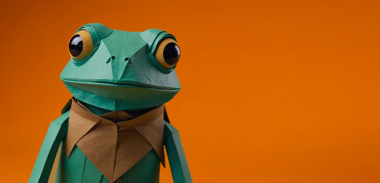 paper art style illustration of a frog cut out with green color paper on colored background