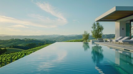 A modern infinity-edge swimming pool overlooking rolling hills and vineyards in the distance,...