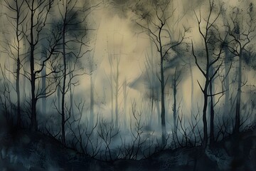 A Surreal Painting of Dark, Eerie Forest with Bare Trees and Foggy Background"
"Enchanted Atmosphere: Moody Landscape of Spooky Woods in a Misty, Atmospheric Setting"
"Haunted Wilderness: Mysterious N