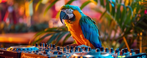 Tropical punk parrot DJing at a beach party colorful and edgy - obrazy, fototapety, plakaty