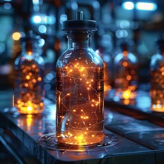 A vial of glowing liquid amidst a chemists close-up, hinting at alchemical secrets