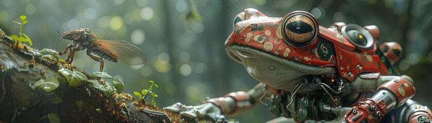 Cybernetic frog interacting with robotic insects - obrazy, fototapety, plakaty