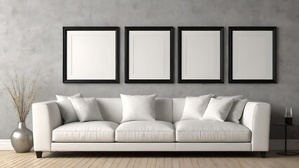 white sofa in the interior with empty frames on the wall