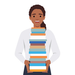 Woman holding stack of books. Bookstore, bookshop. Flat vector illustration isolated on white background