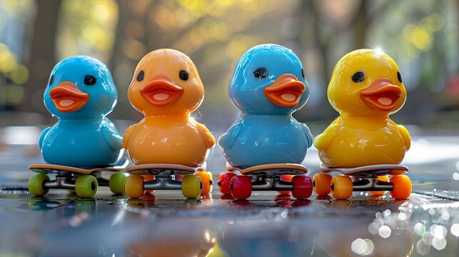 Four cute ducks in vibrant colors sitting together on skateboards in a sunlit park showcasing friendship and adventure