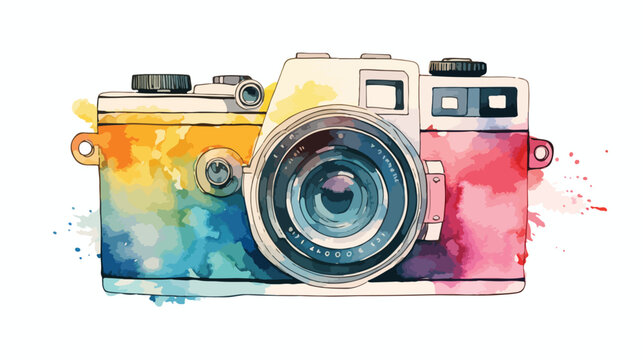 Watercolor colorful icon photo camera closeup 