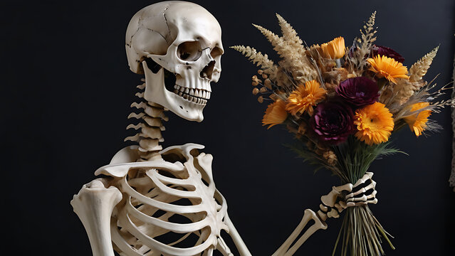 a skeleton with a bouquet of flowers. dark background.