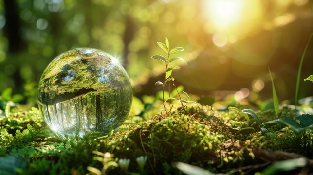 Close up of sphere glass globe in the green nature forest. AI generated image