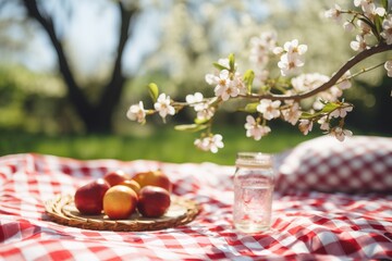 Highlight the charm of spring picnics with a bokeh background of dappled sunlight on a checkered blanket. 