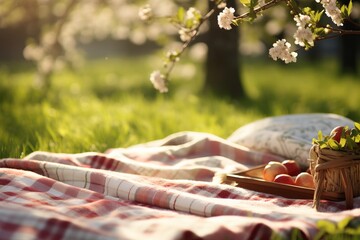 Highlight the charm of spring picnics with a bokeh background of dappled sunlight on a checkered blanket. 