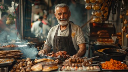 A seasoned chef, with years of experience etched into his face, masterfully tends to a traditional grill station, surrounded by an array of seasoned meats and local dishes. - obrazy, fototapety, plakaty