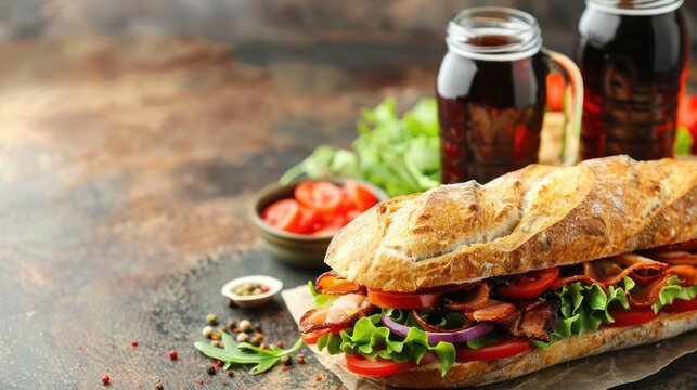 Tasty close up of submarine sandwich and coke drink on wooden table. AI generated image