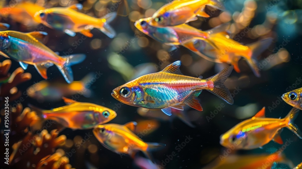 Wall mural A school of colorful tetra fish elegantly navigate through aquatic plants in the peaceful environment of a well-maintained aquarium. - Wall murals