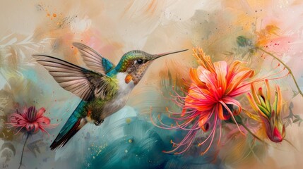 A hummingbird hovers near vibrant flowers, captured in a stunning artistic rendering that blends wildlife with abstract brushstrokes and vivid colors.