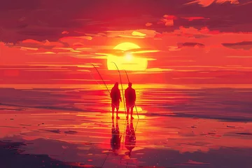 Photo sur Aluminium Rouge Illustrate the tranquil camaraderie of two friends standing side by side, fishing along the serene North Sea coastline during a captivating sunset. 