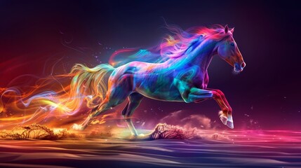Obraz na płótnie Canvas A horse rendered in neon colors gallops through an otherworldly landscape, with energy and fantasy elements highlighting its form.
