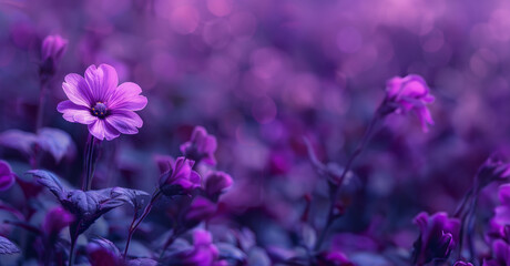 close up di  di fiore viola vibrante  che si staglia su un rigoglioso sfondo viola, creando un contrasto visivamente sorprendente, spazio per testo, formato rettangolare - obrazy, fototapety, plakaty