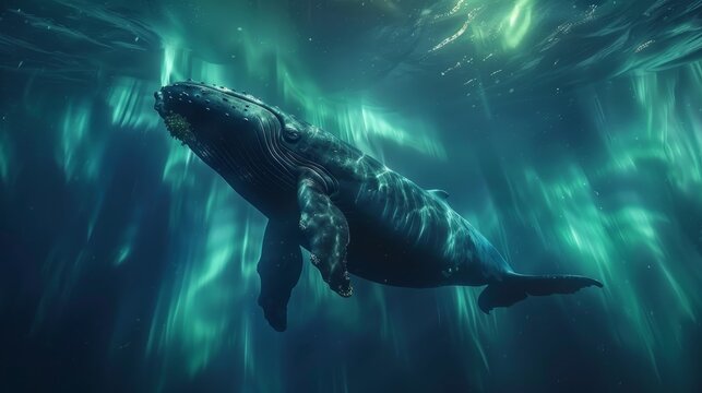 A humpback whale gracefully dives into the deep sea, illuminated by the mesmerizing dance of the Northern Lights above.