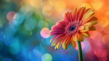 Gordijnen close up di  di fiore aranciato vibrante  che si staglia su un rigoglioso sfondo arcobaleno, creando un contrasto visivamente sorprendente, spazio per testo, formato rettangolare © garpinina