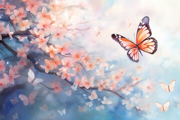 Fototapeta na wymiar Showcase the delicacy of spring blossoms against a bokeh background of fluttering butterflies. 