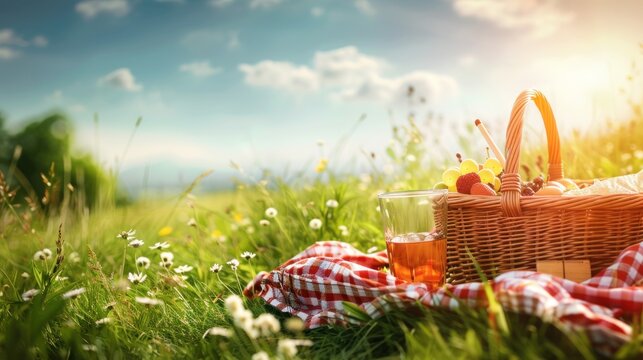 Empty picnic basket with tablecloth on grass meadow landscape background. AI generated image