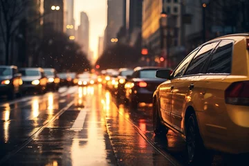 Photo sur Aluminium Etats Unis city streets with a dynamic bokeh background of passing cars.