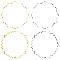 Set of golden and silver round metal frames isolated on white. Vector frame for photo. Frame for text, certificate, pictures, diploma. Luxury, gold, wedding, celebration. Wavy frames