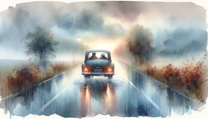 Vintage Car Driving on Rainy Road at Sunset