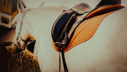 A beautiful white horse stands on a farm, eating hay. Its elegant stirrups and saddle add to its...
