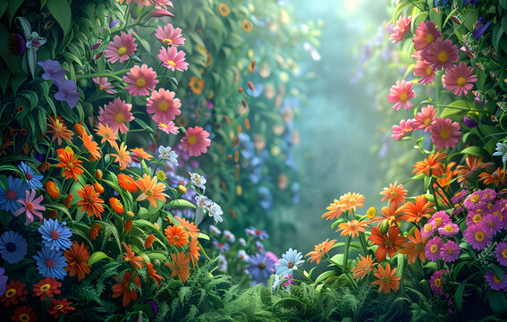 A paradise garden filled with beautiful flowers, creating an idyllic and serene background. Suitable for nature and horticulture-related concepts.