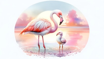 Flamingo Mother and Chick at Sunset by Water