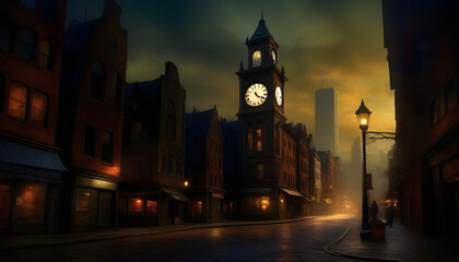 Fototapeta na wymiar A digital painting of a ghostly cityscape with a decaying clock tower in the night time