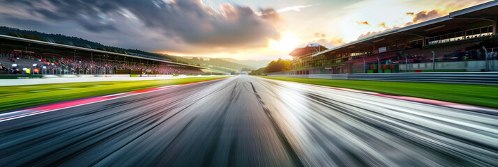 Dynamic racetrack view with speed motion blur. Sunset at the empty grand prix circuit with stands