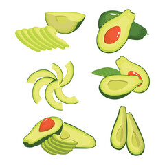 Vector illustration set of avocado fruit icon. Cartoon avocado. Ripe avocado fruits, healthy nutritious natural food and avocado slices flat set. Green avocado, tropical healthy food exotic