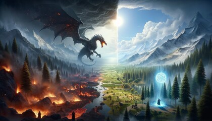 Fantasy Dragon Attacking and Wizard Defending Landscape - obrazy, fototapety, plakaty