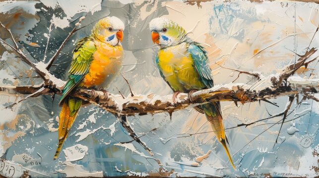 Two vibrant parakeets huddle on a frost-covered branch, their colorful feathers contrasting the wintry backdrop.